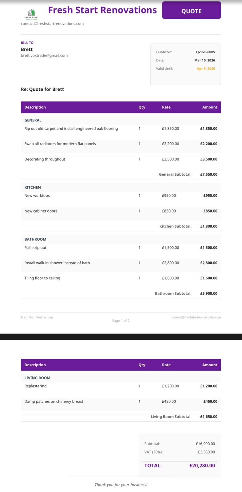 Real VoxTrade quote PDF — professional line items grouped by room